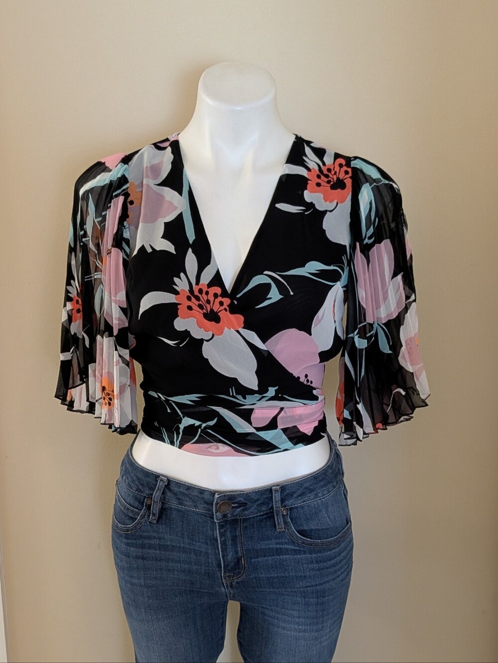 Express black with pink, red and blue floral print open back top size XS